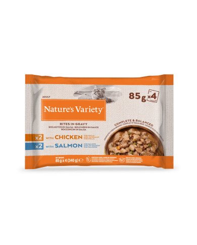 Natures Variety Cat Bites in Gravy Pack 2xPollo + 2x Salmón Natures Variety Cat Bites in Gravy Pack 2xPollo + 2x Salmón