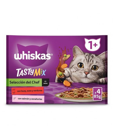Whiskas Pack Tasty Mix Pollo, Ternera y Pescado 4uni 85gr