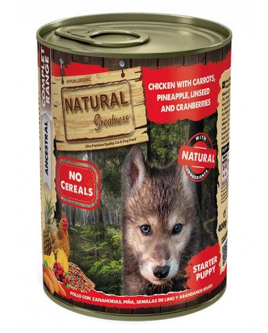 Natural Greatness Starter Puppy Pollo, Zanahorias, Piña, lino y Arándanos  lata 400gr Natural Greatness Starter Puppy Pollo, Zanahorias, Piña, lino y Arándanos  lata 400gr