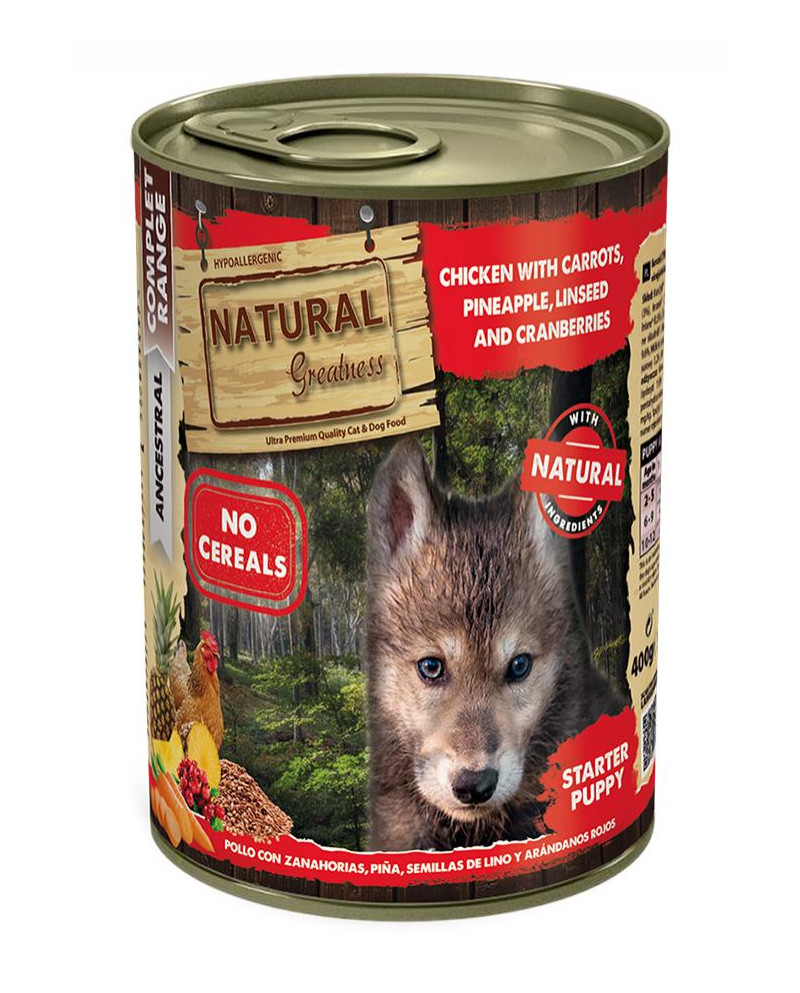 Natural Greatness Starter Puppy Pollo, Zanahorias, Piña, lino y Arándanos  lata 400gr