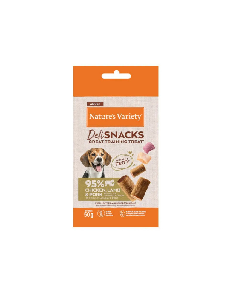 "Nature’s Variety Deli Snacks Pollo Cordero Cerdo Perros Adultos 50 g"
