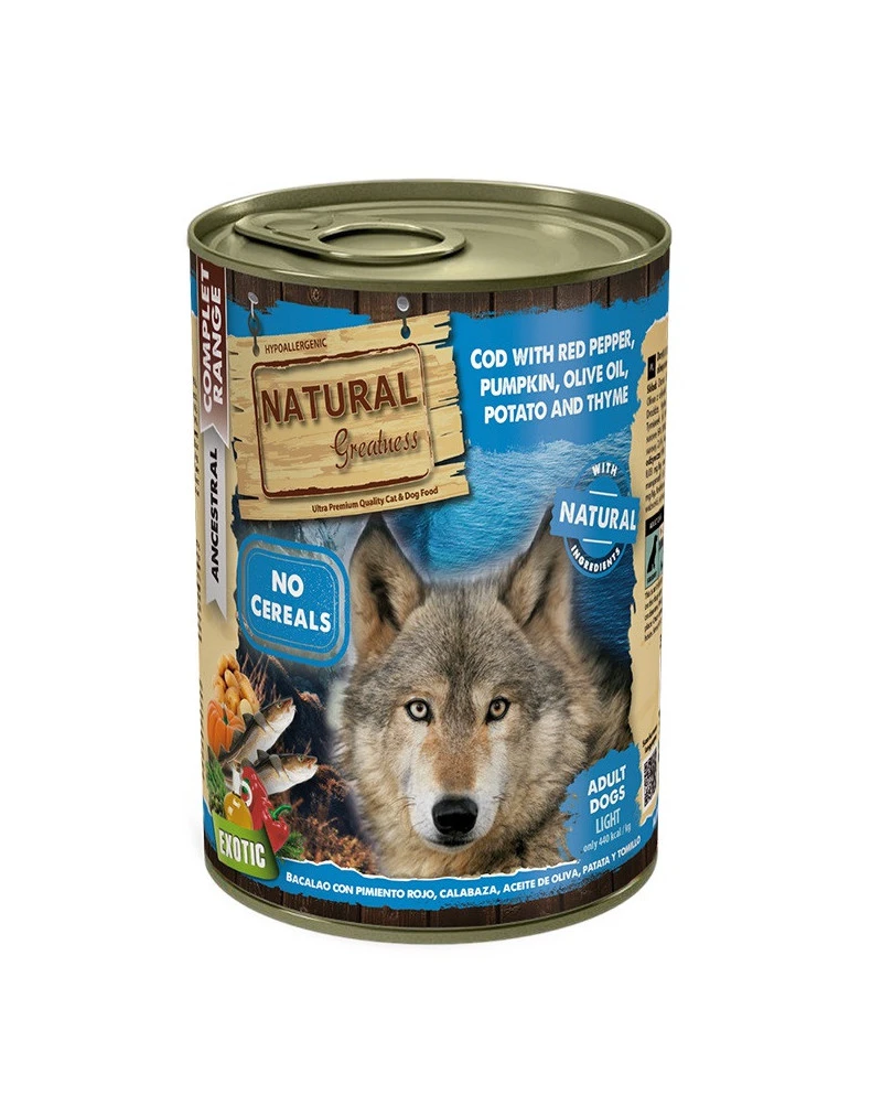 Natural Greatness Light Bacalao con Pimiento rojo, Calabaza, Aceite de Oliva, Patata y Tomillo lata 400gr