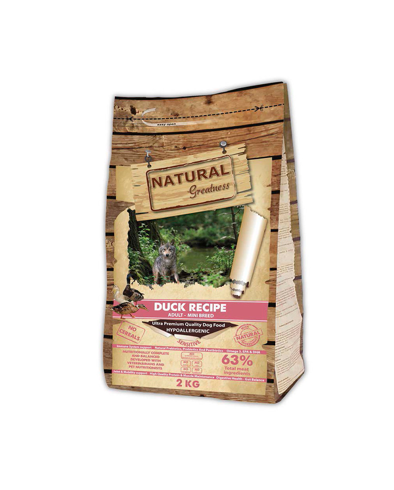 Saco Natural Greatness Receta de Pato Mini para perros adultos de raza pequeña